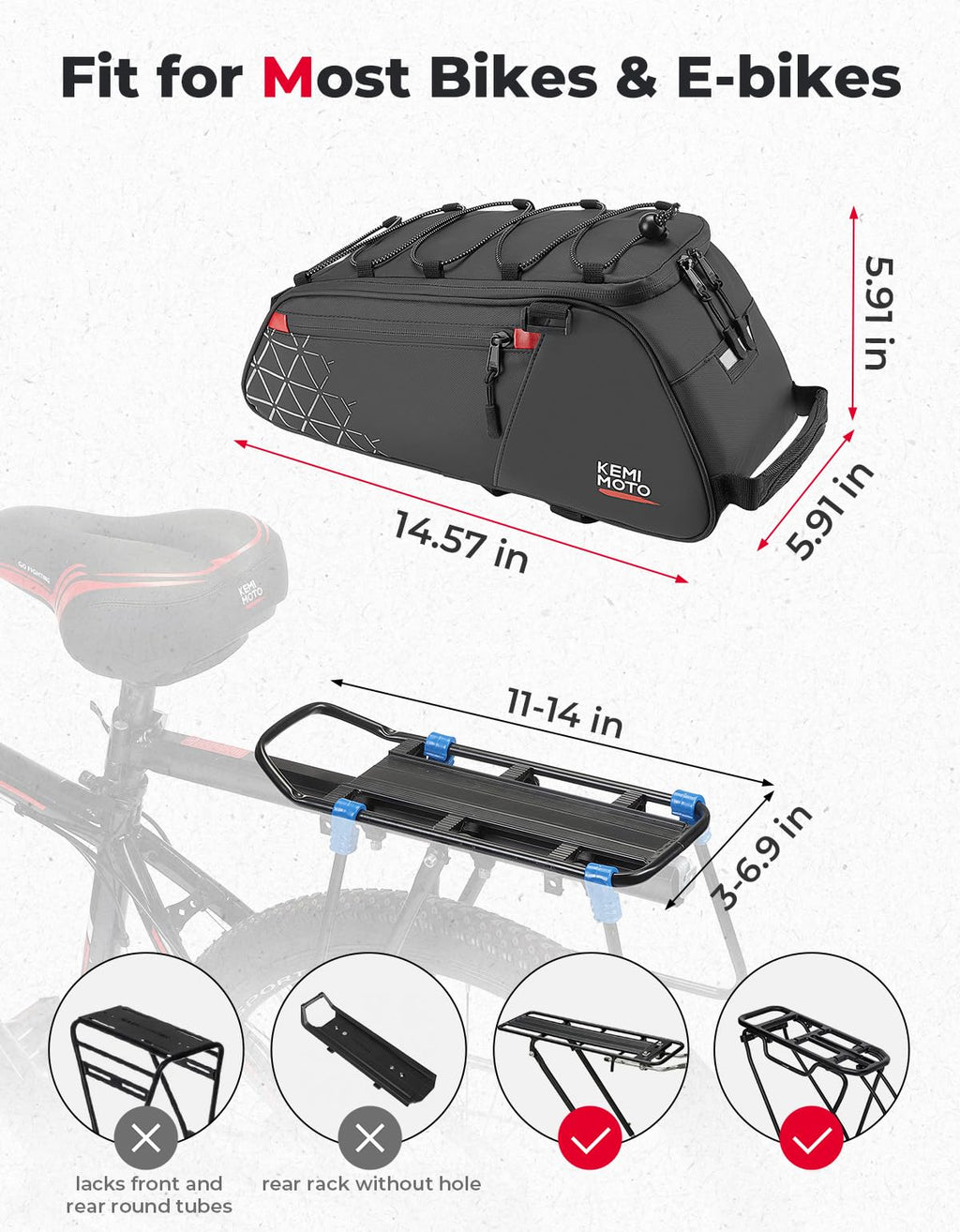 KEMIMOTO Bike Bag Rear Rack Bag Bicycle Trunk Bag