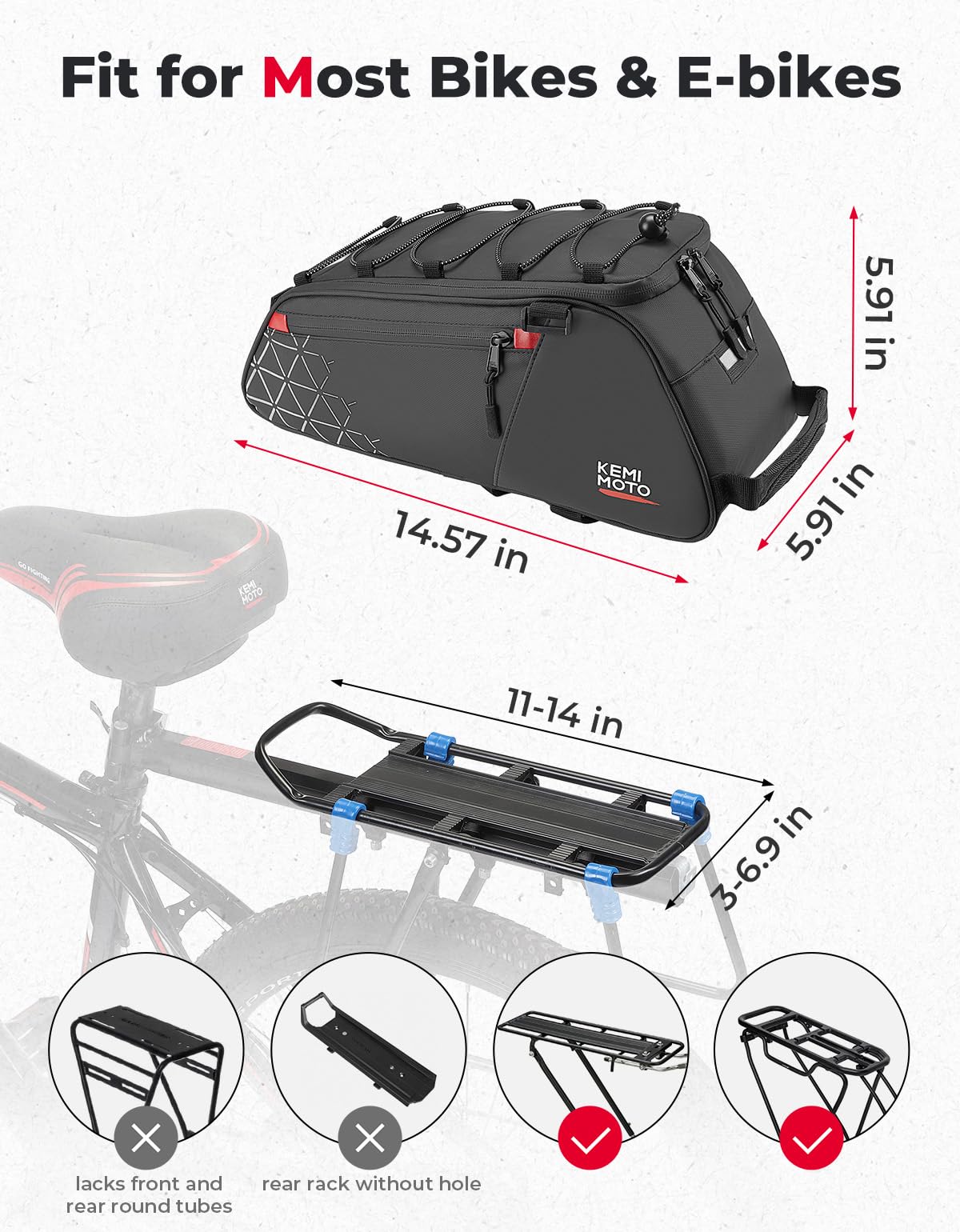 KEMIMOTO Bike Bag Rear Rack Bag Bicycle Trunk Bag