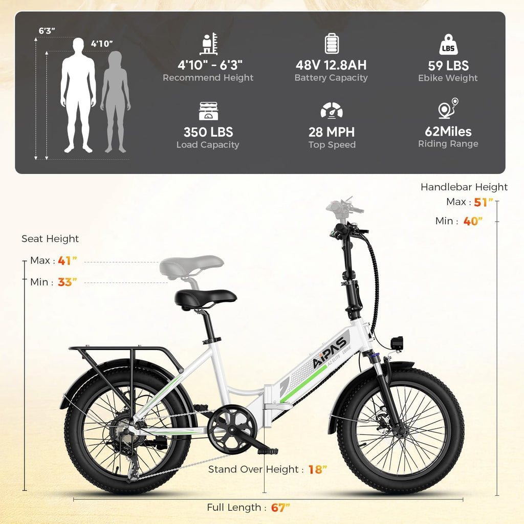 Aipas A2 Folding Electric Bike for Adults, 20" Fat Tire Commuter Ebike